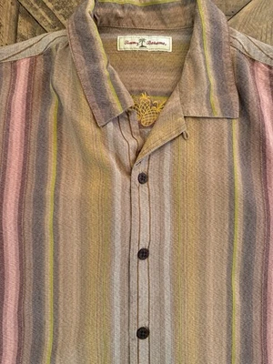 Tommy Bahama Para Hombres Camisa Hawaiana Hermosa Seda Tonos Tierra Rayas Playa 339 Foto 1 de 4