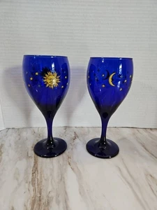 Coppia Bicchieri Vino Vintage Libbey Celestial Blu Cobalto Luna Sole Stelle 7,25” - Foto 1 di 8