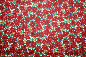 SMALL POINSETTIA AND PURPLE FLOWERS ON WHITE - 100% COTTON FABRIC - Picture 1 of 3
