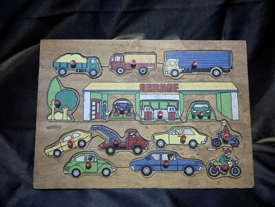 Vintage Wooden Puzzle Vehicles Cars Motorcycles Trucks Gas  - Image 1 of 4