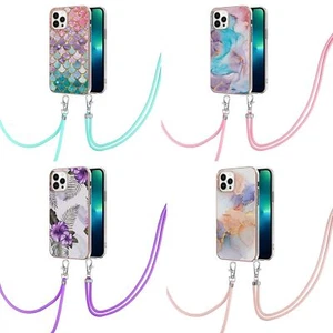 Bling Marble Flower Lanyard Phone Case For iPhone 13 14 12 11 Pro Max XR XS 7 8  - Picture 1 of 13