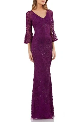 JS COLLECTIONS Violet Purple Soutache Sequin Beaded Bell Sleeve Maxi Gown 10 = M - Image 1 of 4