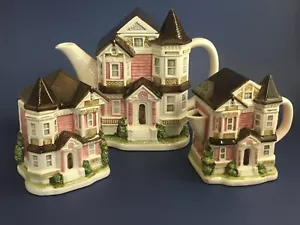 Vtg.4 piece Otagiri Victorian "Painted Lady" Teapot, Creamer, Sugar Wall Pocket - Picture 1 of 12