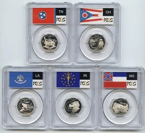 2002 S SILVER ( TN,OH,LA,IN,MS ) 5-Coin Proof Set PCGS PR70DCAM Flag Series - Picture 1 of 6