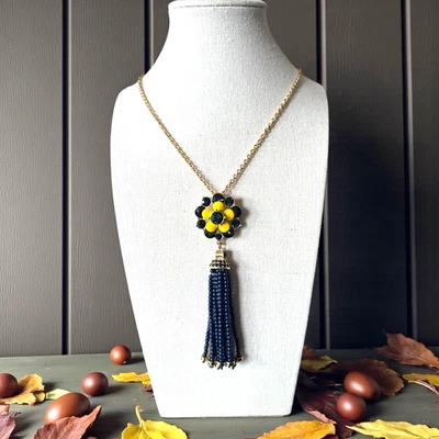 Collar TALBOTS Tono Dorado Esmalte Amarillo Cristal Azul Flor Borla T249 Foto 1 de 4