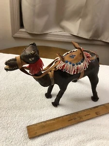 Vtg Handmade Leather Camel Figure Caravan Saddle Sequins Tassles 11” - Picture 1 of 12