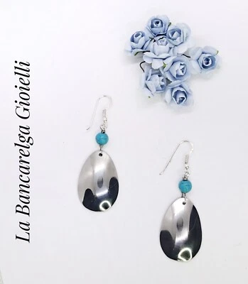 Orecchini artigianali da cucchiaini acciaio (posate) e turchesi. Spoon earrings  - Immagine 1 di 4