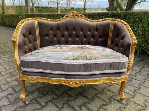 Brown French Louis XVI Settee in Corbeille With Scenery Cover