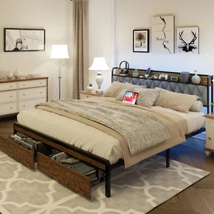 Modern King Size Metal Platform Bed with 2 Drawers & LED Light, Upholstered Stor - Picture 1 of 8