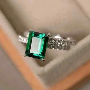 2.54 Ct Natural Emerald & Diamond Engagement Ring 14K White Gold Solid - Picture 1 of 5