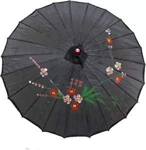 32" Inch Dia Black Floral Pattern Wood Bamboo Nylon Parasol Umbrella Decoration - Picture 1 of 3