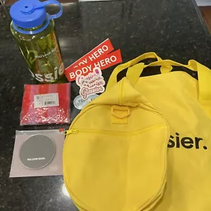 GLOSSIER Lot/Rare Yellow Duffel bag/Water Bottle/Rare Pocket Mirror/Tote. NEW - Picture 1 of 10