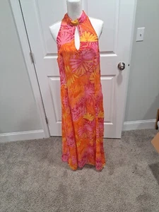 Vintage Sheri Martin Halter Maxi Dress Tropical Floral Pink Orange Island L/XL - Picture 1 of 8