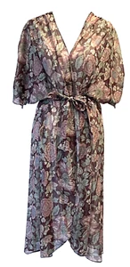 Vintage 1970s NU PHASE Sheer Floral Wrap Midi Dress w/Metallic Stripes Sz. S/M - Picture 1 of 10