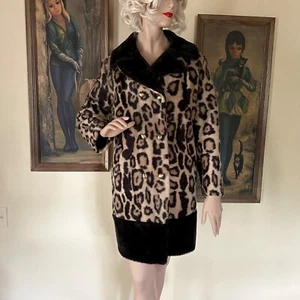 Vintage 1960s Faux Fur Leopard Coat Animal Print Vegan M/L - Picture 1 of 11
