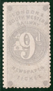 GB LSWR RAILWAY QV *Newspaper Ticket* Stamp 9d Grey (c1868) Mint B2WHITE64 - Picture 1 of 10