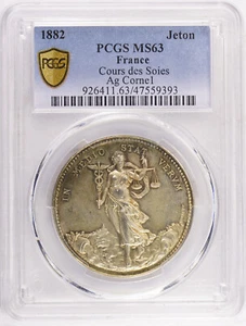 FRANCE 🌟Top Pop🌟United Silk Manufacturers and Merchants Jeton 1882 PCGS MS63 - Picture 1 of 2