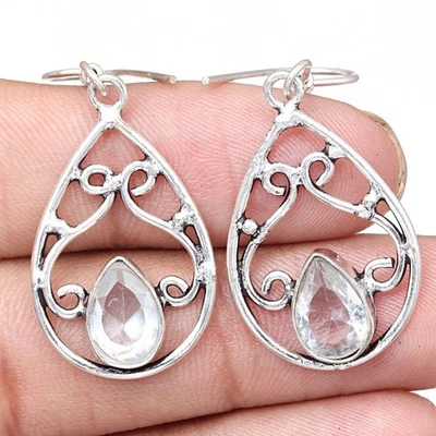 White Solar Quartz Gemstone Gift For Her Silver Jewelry Earrings 1.75" - Image 1 of 4