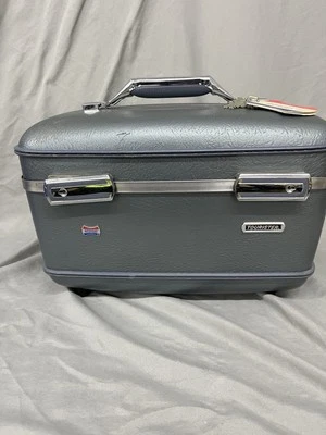 Vintage American Tourister Luggage Cosmetic Hard Train Case Blue Gray Keys - Image 1 of 4