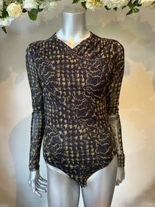 TED BAKER Bodysuit Top Womens TB 2 UK 10 Black Mesh Floral Check Long Sleeve NEW - Picture 1 of 19