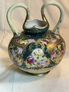 Antico vaso mantello Nippon porcellana dipinto a mano bordo oro floreale - Foto 1 di 14