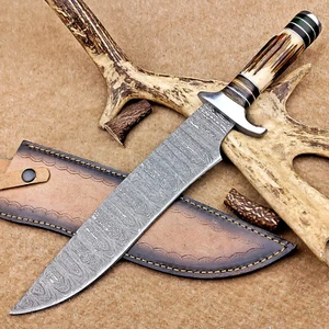 CUSTOM HANDMADE DAMASCUS STEEL, BOWIE KNIFE, HUNTING KNIFE, W/SHEATH - IT-938 - Picture 1 of 10