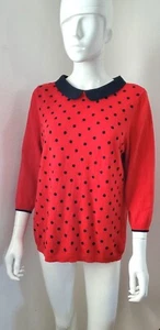 Elle Women's  Light Red Polk Dot Black  & Open Collar Long Sleeve Sweater Sz L  - Picture 1 of 11