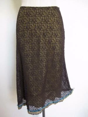 Cynthia Steffe Skirt 4 Brown Alencon Lace Silk Lined Velvet Gold Lace Bead Trim - Image 1 of 4