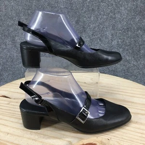 Aravon Sandals Womens 9 Slingback Black Leather Ankle Strap Buckled Block Heels - Picture 1 of 13