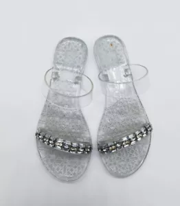 BADGLEY MISCHKA JEWEL Kyndall PVC Clear w Crystal Flat Pool Beach Sandals US 8 - Picture 1 of 4