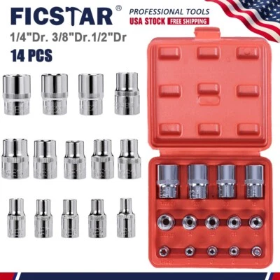 FICSTAR 14 Pcs E Torx Star Female Bit Socket Set 1/2" 3/8" 1/4" Drive E4 -E24 with Case