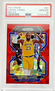 2021 NBA Panini Prizm Card # 91 LeBron James Red Ice LA Lakers PSA GEM MINT 10