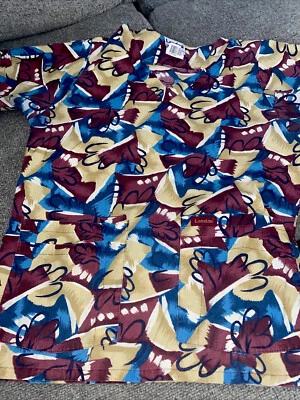 Landau Vintage Scrubs Womens Small Multicolor V Neck Short Sleeve Medical Top US - Image 1 of 4