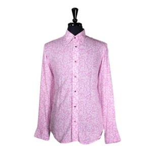 Herren Medium Blumen Leinen Hemd Rosa Weiß Hawaii Knopfleiste Freizeit Sommer Strand - Bild 1 von 7