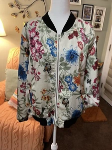 NEW LOOK Satiny Bomber Jacket 3X Floral Multicolor Full Zip Lined Butterfly - Picture 1 of 13