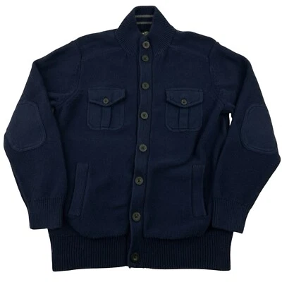 Cardigã John Bartlett Consensus suéter masculino botão L azul marinho remendos de cotovelo - Imagem 1 de 4