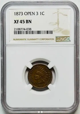 1873 Small Cents Indian Head Penny NGC XF-45 BN Brown Open 3 - Image 1 of 2