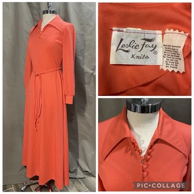 Maxi Vestido Vintage Años 70 Naranja Leslie Fay Tejido Poliéster Talla 6/8 Foto 1 de 4