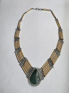 Boho Peruvian Bamboo Silver Tone Metal Choker Green Stone - Picture 1 of 6