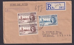 Nigeria reg. cover to Sweden 1946 Victory set YABA first day cancels FDC - Picture 1 of 2