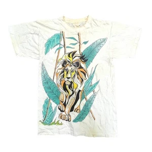 Vtg 80s Tiger Themed White T-Shirt Sz Medium Bedazzled - Picture 1 of 5