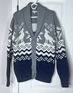 Merona Sweater Men’s Navy Blue Gray Howling Wolves Grandpacore Knit Cardigan Med - Picture 1 of 17