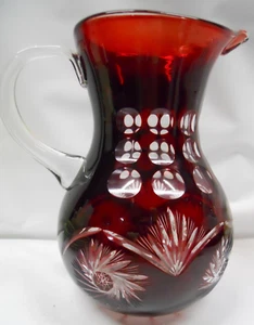 Clear Pitcher Boho Dark Ruby Red Czech Deep Glass 9" tall clear glass handle - Picture 1 of 15