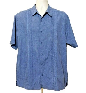 Havanera Shirt L Blue Pleated Front Stitching Short Sleeve 100% Polyester - Picture 1 of 5