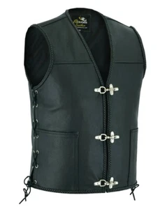 Bikers Fish Hook Vest Leather Waistcoat Buckles Black / Tan Brown Leather cut - Picture 1 of 13