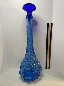 Vintage Blue Empoli Italian Hobnail Glass Genie Bottle 13.5” Comes W/ Stopper