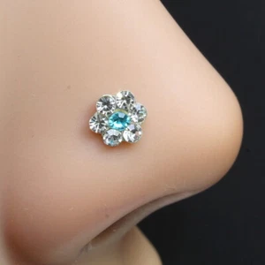 Beautiful Indian silver Plated Blue white crystal Nose stud push pin - Picture 1 of 3