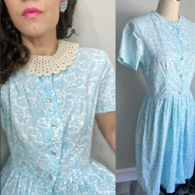 Vestido de día floral azul y blanco vintage años 50 60 mezcla de algodón vestido de fiesta talla S M Foto 1 de 4