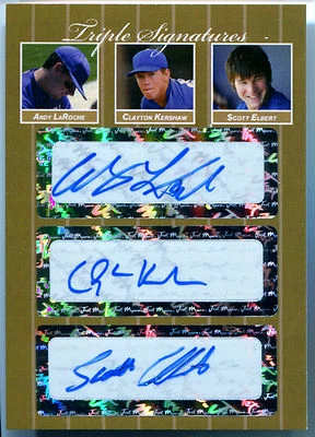 2007 Just Gold CLAYTON KERSHAW ANDY LAROCHE SCOTT ELBERT Triple Auto SP RC #/10 - Image 1 of 2