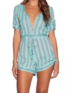 Spell & The Gypsy Striped Romper Playsuit Size Small Linen Blend Minty Green - Picture 1 of 13